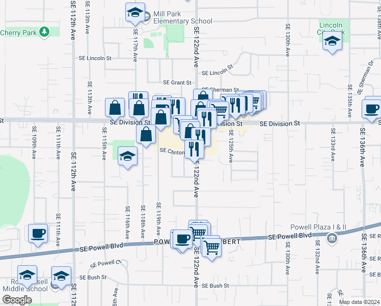 map of restaurants, bars, coffee shops, grocery stores, and more near 2613 Southeast 122nd Avenue in Portland