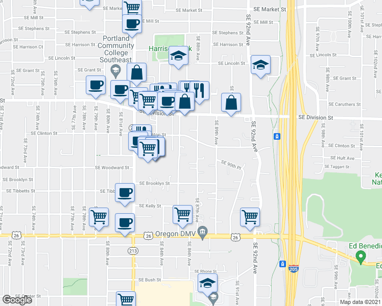 map of restaurants, bars, coffee shops, grocery stores, and more near 2737 Southeast 87th Avenue in Portland