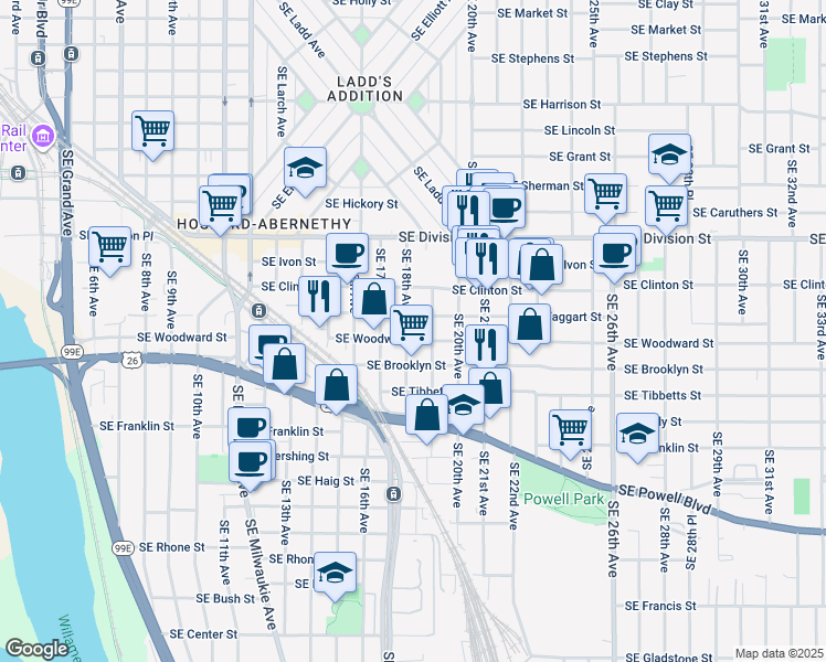 map of restaurants, bars, coffee shops, grocery stores, and more near 2808 Southeast 18th Avenue in Portland