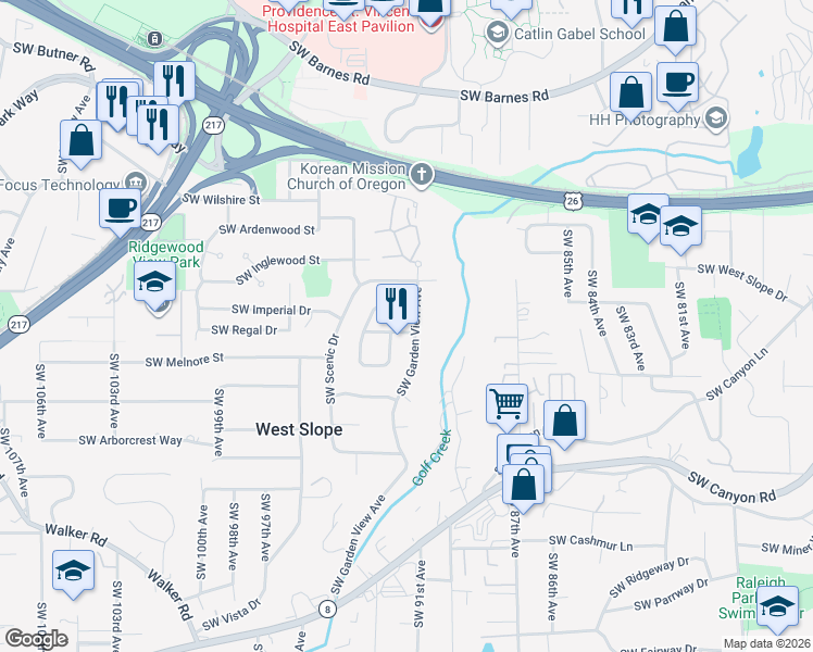 map of restaurants, bars, coffee shops, grocery stores, and more near 2420 Southwest Garden View Avenue in Portland