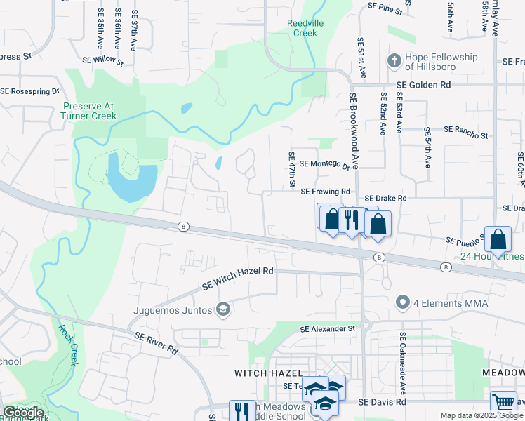 map of restaurants, bars, coffee shops, grocery stores, and more near 2299 Southeast 45th Avenue in Hillsboro