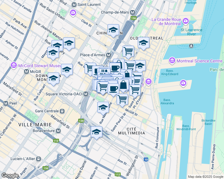 map of restaurants, bars, coffee shops, grocery stores, and more near 360 Rue Saint-Jacques in Montréal