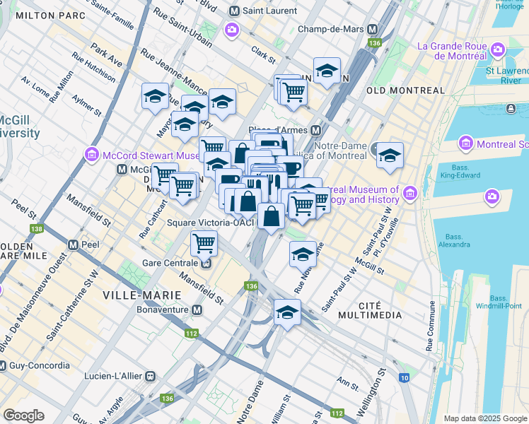 map of restaurants, bars, coffee shops, grocery stores, and more near 481 Viger Avenue W in Montreal