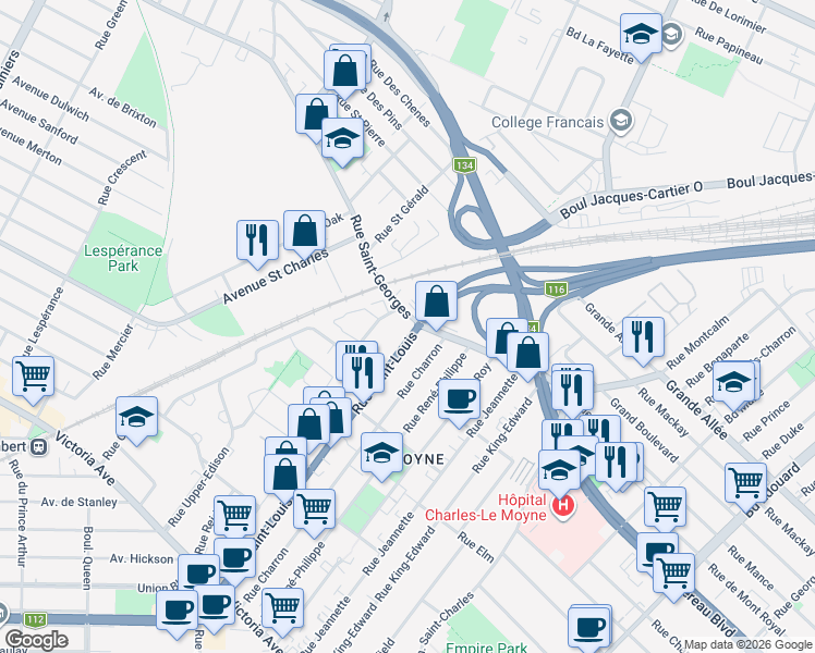 map of restaurants, bars, coffee shops, grocery stores, and more near 2100-2200 Rue Saint-Georges in Longueuil