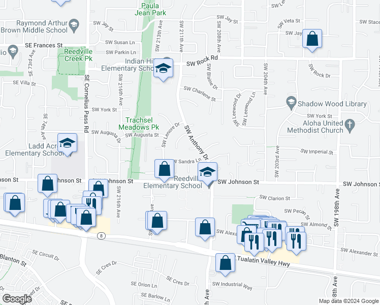map of restaurants, bars, coffee shops, grocery stores, and more near 21046 Southwest Imperial Court in Beaverton