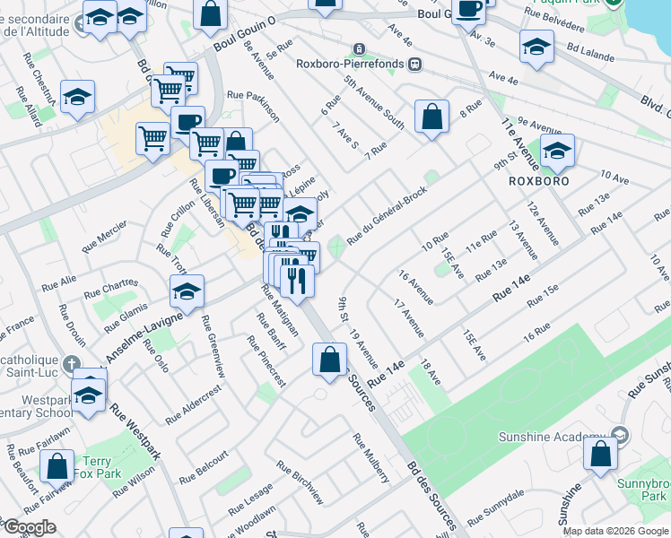 map of restaurants, bars, coffee shops, grocery stores, and more near 109 Rue du Général-Brock in Montréal