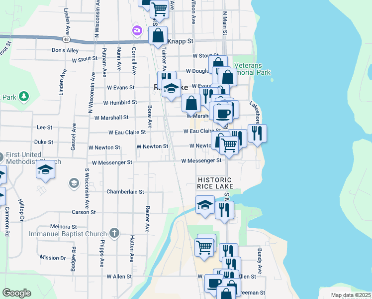 map of restaurants, bars, coffee shops, grocery stores, and more near 112 West Newton Street in Rice Lake