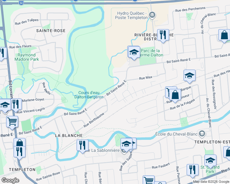 map of restaurants, bars, coffee shops, grocery stores, and more near 1048 Boulevard Saint-René Est in Gatineau