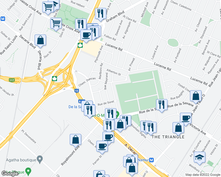 map of restaurants, bars, coffee shops, grocery stores, and more near 8462 Avenue Mountain Sights in Montreal