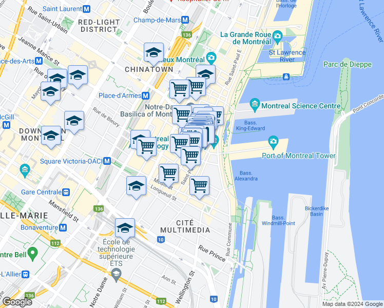 map of restaurants, bars, coffee shops, grocery stores, and more near 417 Rue Saint-Nicolas in Montréal