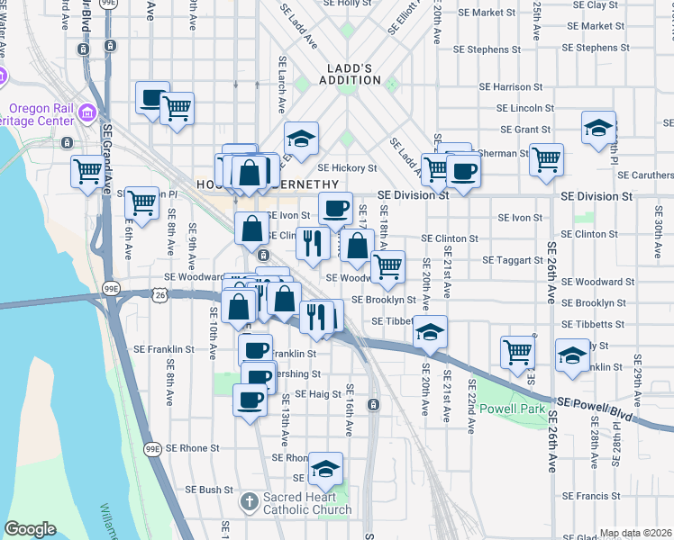 map of restaurants, bars, coffee shops, grocery stores, and more near 2818 Southeast 15th Avenue in Portland