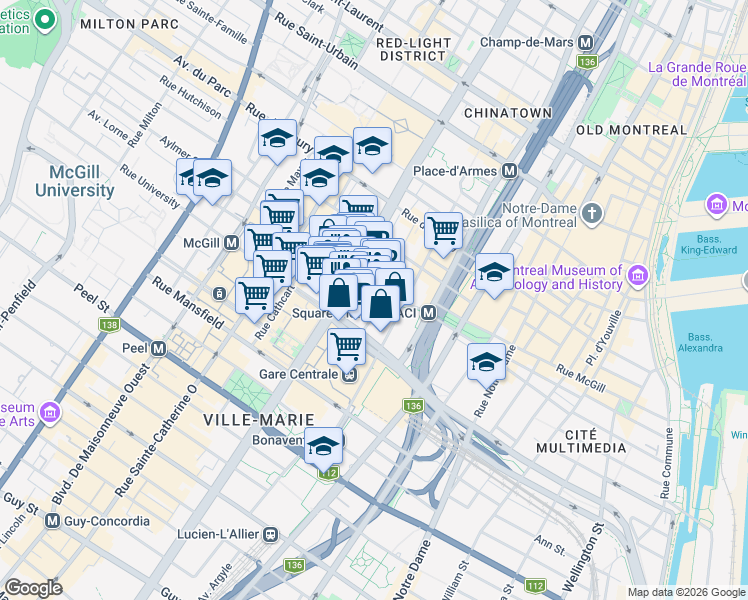 map of restaurants, bars, coffee shops, grocery stores, and more near 1080 Côte du Beaver Hall in Montréal