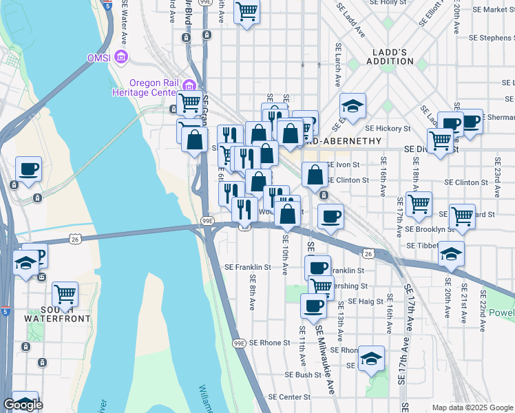 map of restaurants, bars, coffee shops, grocery stores, and more near 2826 Southeast 8th Avenue in Portland