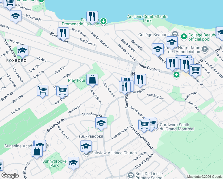map of restaurants, bars, coffee shops, grocery stores, and more near 355 Rue Andras in Dollard-des-Ormeaux