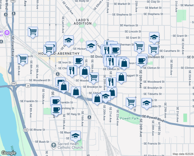 map of restaurants, bars, coffee shops, grocery stores, and more near 2808 Southeast 18th Avenue in Portland