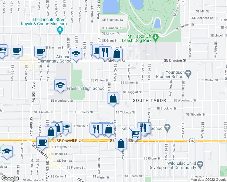 map of restaurants, bars, coffee shops, grocery stores, and more near 2813 Southeast 62nd Avenue in Portland