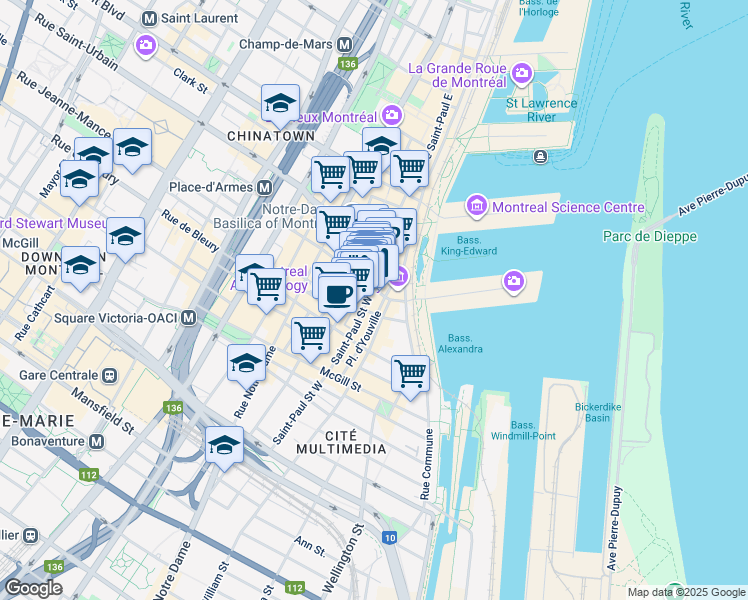 map of restaurants, bars, coffee shops, grocery stores, and more near 165 Rue Saint-Paul Ouest in Montréal