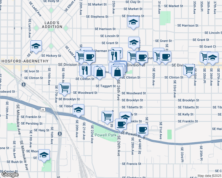 map of restaurants, bars, coffee shops, grocery stores, and more near 2805 Southeast 26th Avenue in Portland