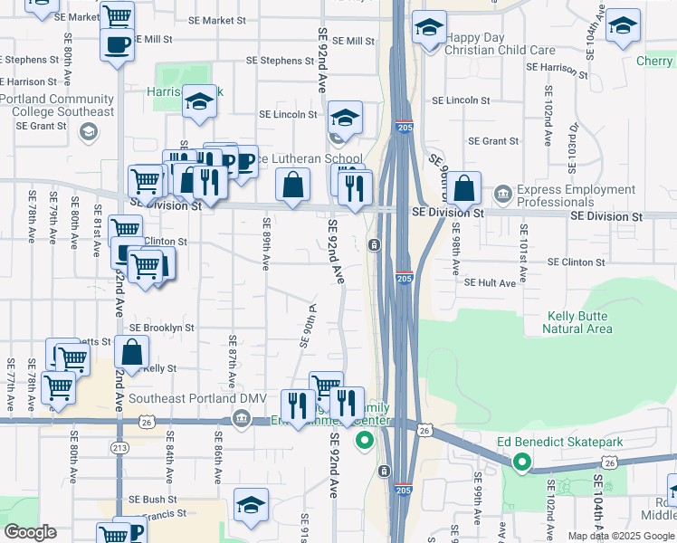 map of restaurants, bars, coffee shops, grocery stores, and more near SE 92nd Ave & SE Clinton St in Portland