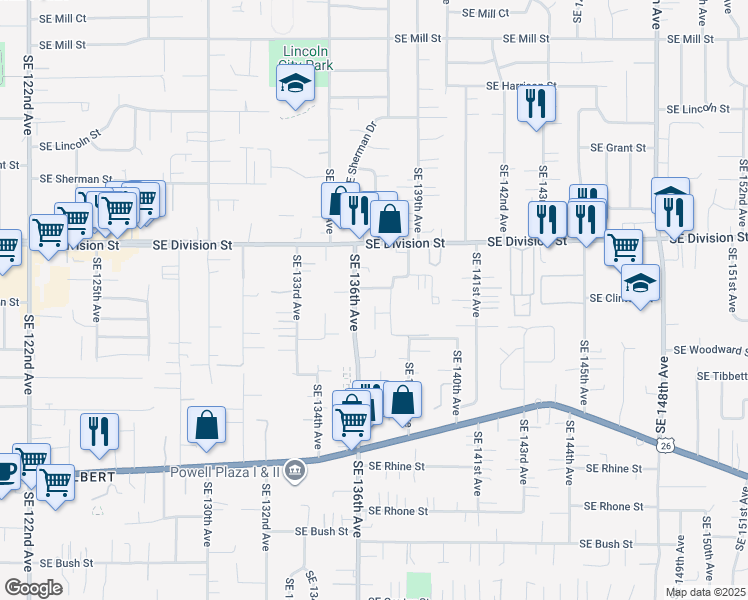 map of restaurants, bars, coffee shops, grocery stores, and more near 2712 Southeast 136th Place in Portland