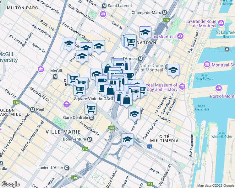 map of restaurants, bars, coffee shops, grocery stores, and more near 481 Avenue Viger Ouest in Montréal