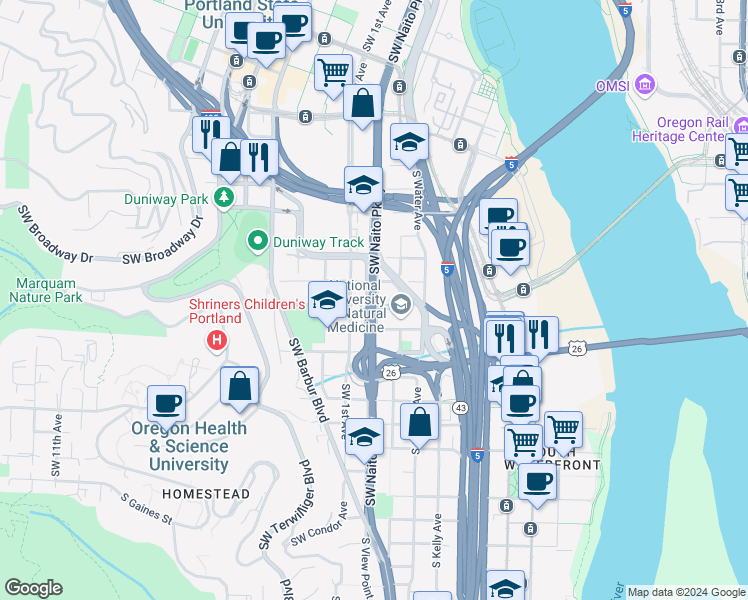 map of restaurants, bars, coffee shops, grocery stores, and more near 2628 Southwest Naito Parkway in Portland