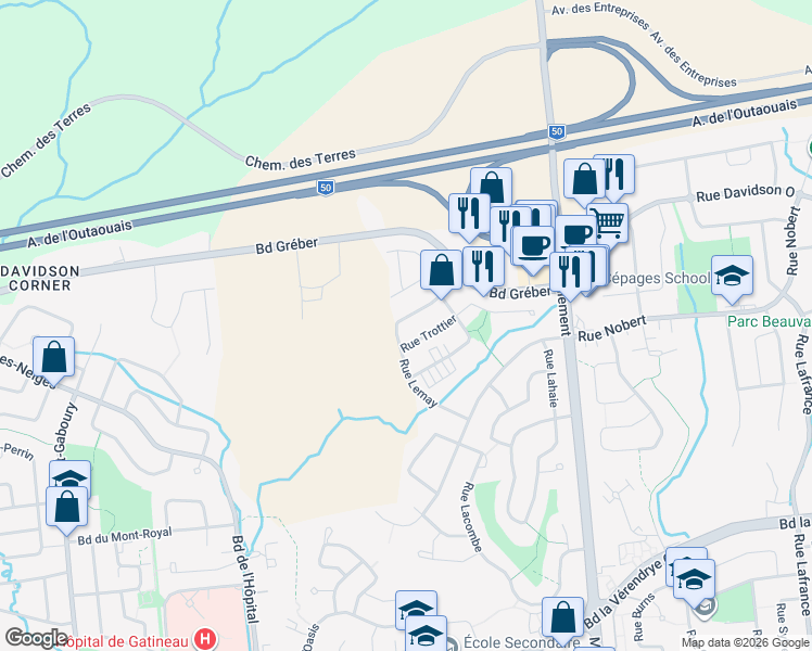 map of restaurants, bars, coffee shops, grocery stores, and more near 176 Rue Dugas in Gatineau