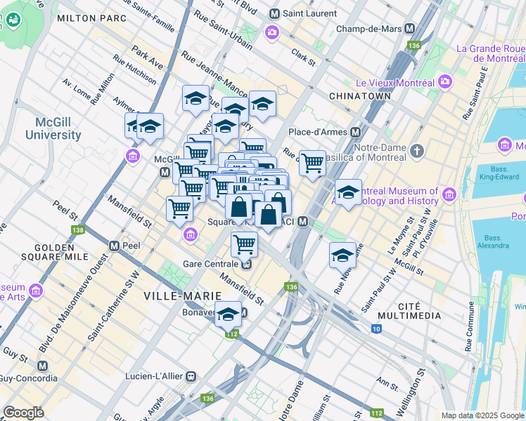 map of restaurants, bars, coffee shops, grocery stores, and more near in Montreal