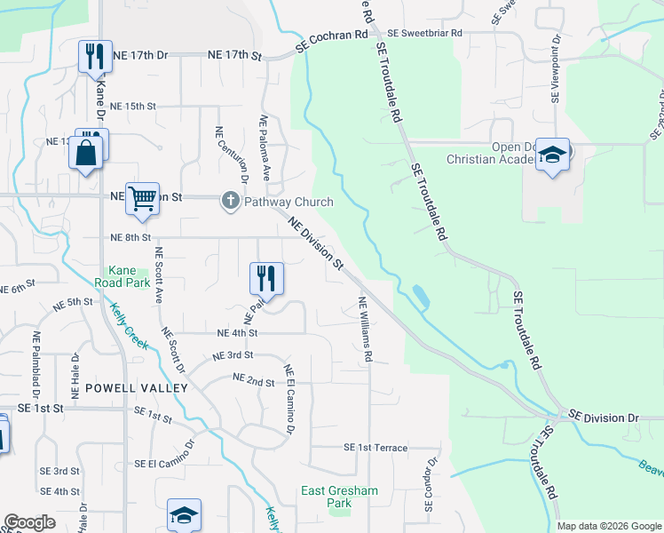 map of restaurants, bars, coffee shops, grocery stores, and more near 677 Northeast Anderson Road in Gresham