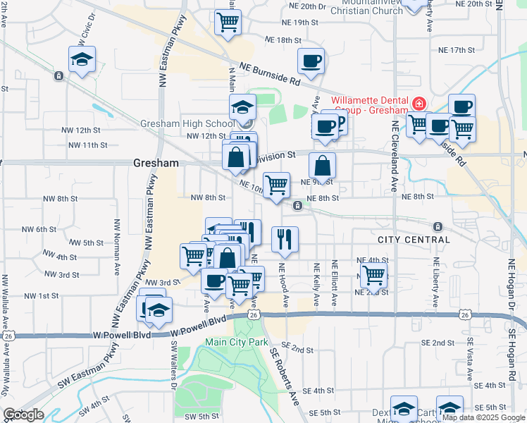 map of restaurants, bars, coffee shops, grocery stores, and more near 715 Northeast Hood Avenue in Gresham