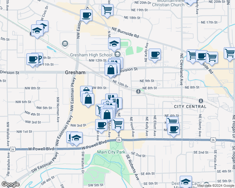map of restaurants, bars, coffee shops, grocery stores, and more near 715 Northeast Roberts Avenue in Gresham