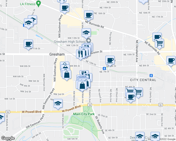 map of restaurants, bars, coffee shops, grocery stores, and more near 719 Northeast Roberts Avenue in Gresham