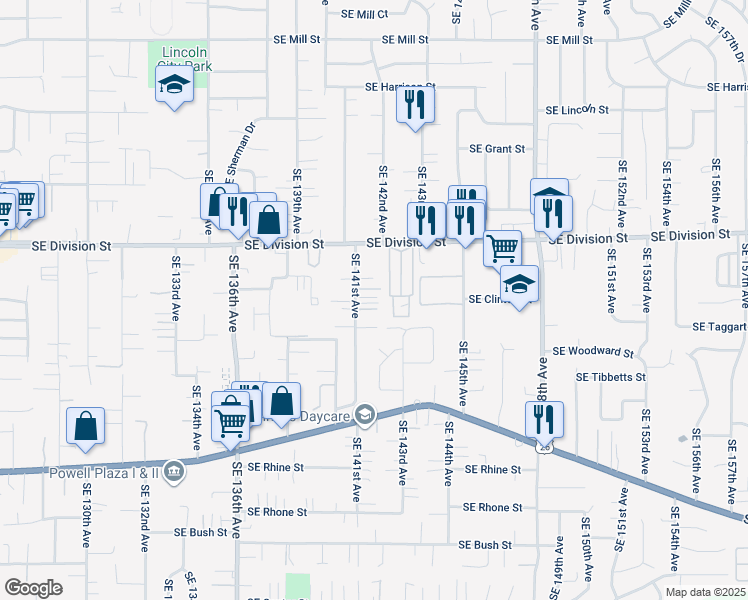 map of restaurants, bars, coffee shops, grocery stores, and more near 2734 Southeast 141st Avenue in Portland