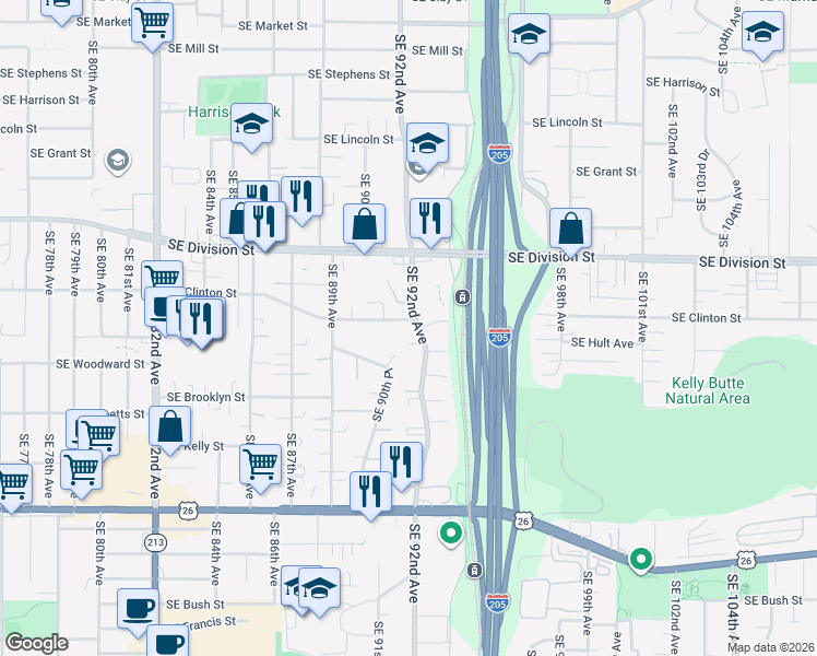 map of restaurants, bars, coffee shops, grocery stores, and more near 9112 Southeast Clinton Street in Portland