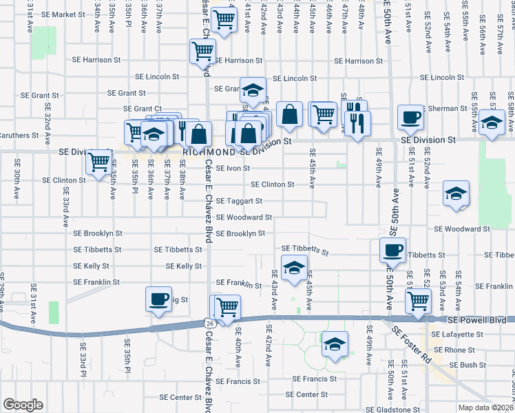 map of restaurants, bars, coffee shops, grocery stores, and more near 4206 Southeast Taggart Street in Portland
