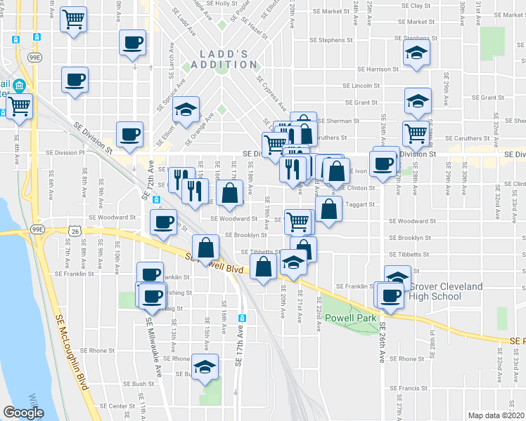 map of restaurants, bars, coffee shops, grocery stores, and more near 2808 Southeast 18th Avenue in Portland