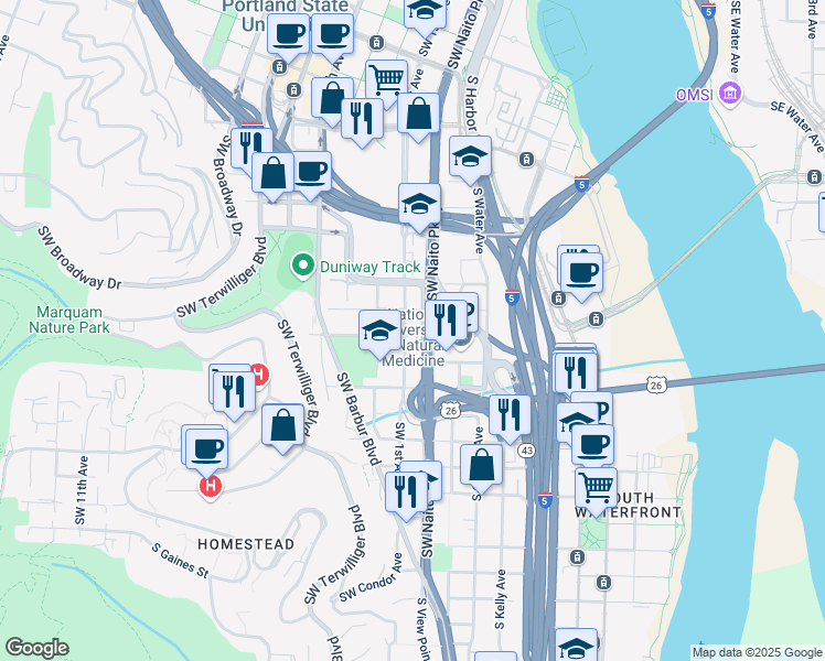 map of restaurants, bars, coffee shops, grocery stores, and more near 31 South Hooker Street in Portland