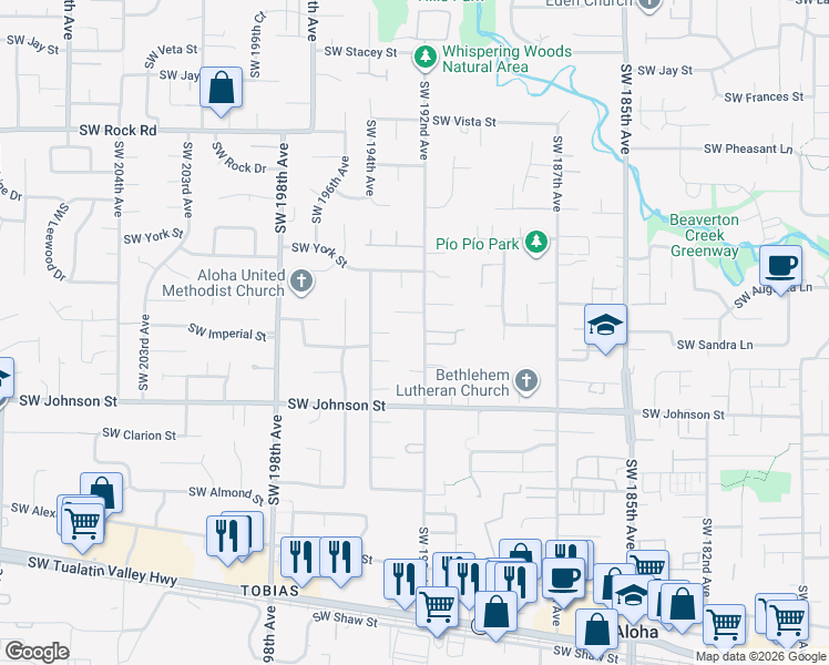 map of restaurants, bars, coffee shops, grocery stores, and more near 2395 Southwest 192nd Avenue in Aloha