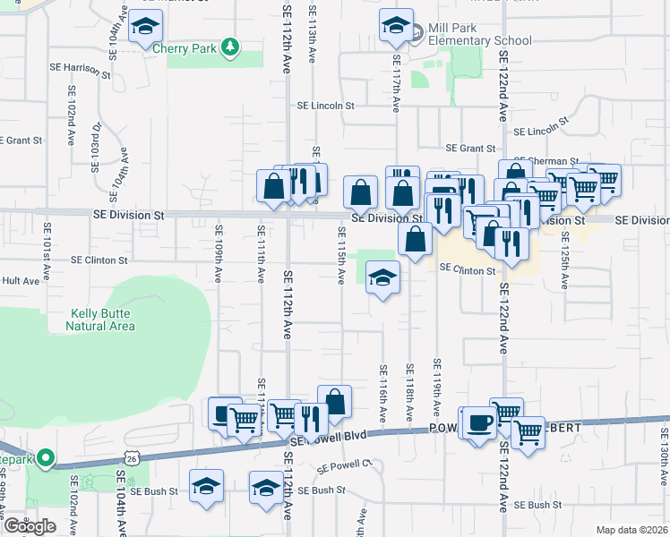 map of restaurants, bars, coffee shops, grocery stores, and more near 2707 Southeast 115th Avenue in Portland