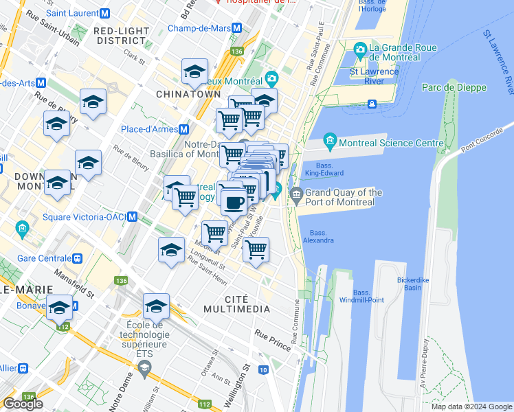 map of restaurants, bars, coffee shops, grocery stores, and more near 218 Rue Saint-Paul Ouest in Montréal