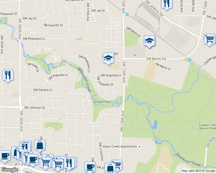 map of restaurants, bars, coffee shops, grocery stores, and more near 2400 Southwest 172nd Court in Beaverton