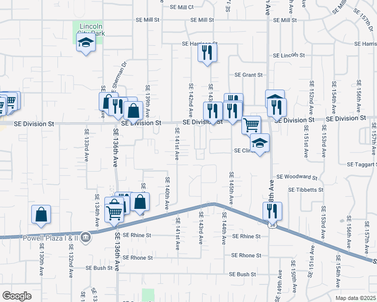 map of restaurants, bars, coffee shops, grocery stores, and more near 2710 Southeast 141st Avenue in Portland