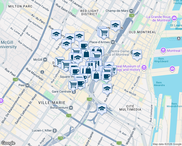 map of restaurants, bars, coffee shops, grocery stores, and more near 495 Avenue Viger Ouest in Montréal