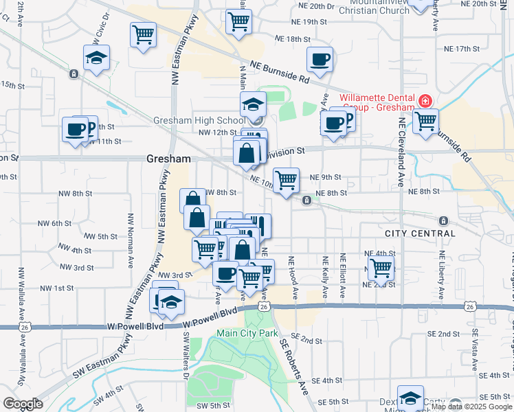 map of restaurants, bars, coffee shops, grocery stores, and more near 719 Northeast Roberts Avenue in Gresham