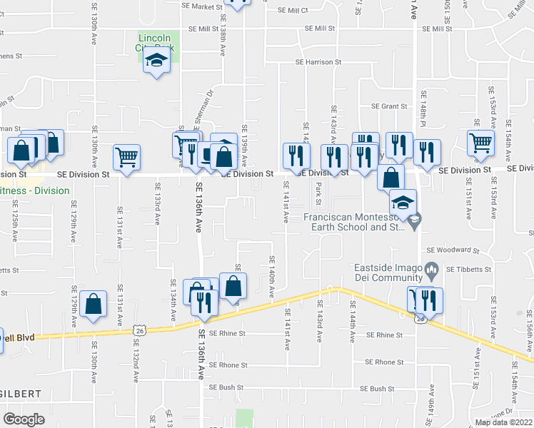 map of restaurants, bars, coffee shops, grocery stores, and more near 2715 Southeast 141st Avenue in Portland