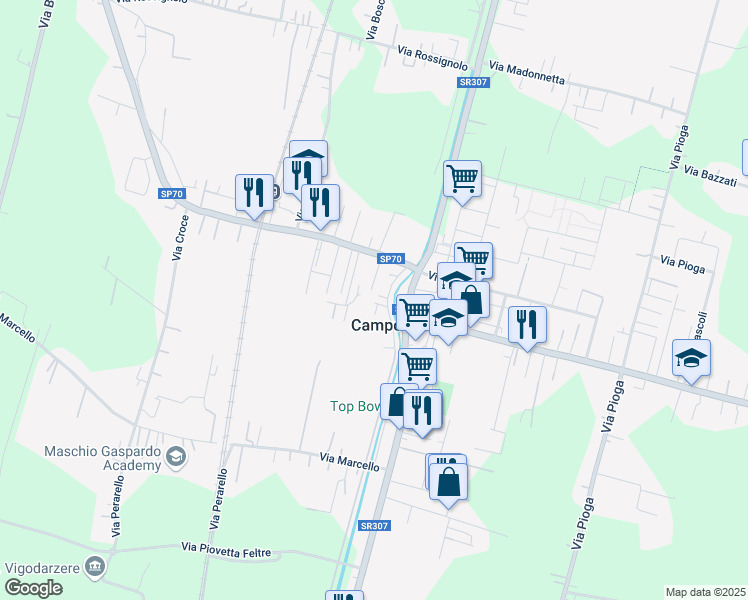 map of restaurants, bars, coffee shops, grocery stores, and more near 11 Via Fermi in Campodarsego