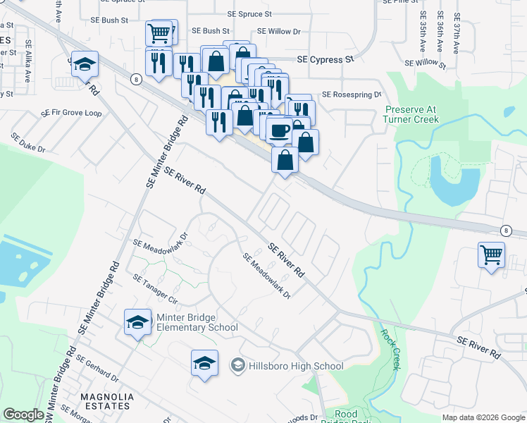 map of restaurants, bars, coffee shops, grocery stores, and more near 2429 Southeast River Road in Hillsboro