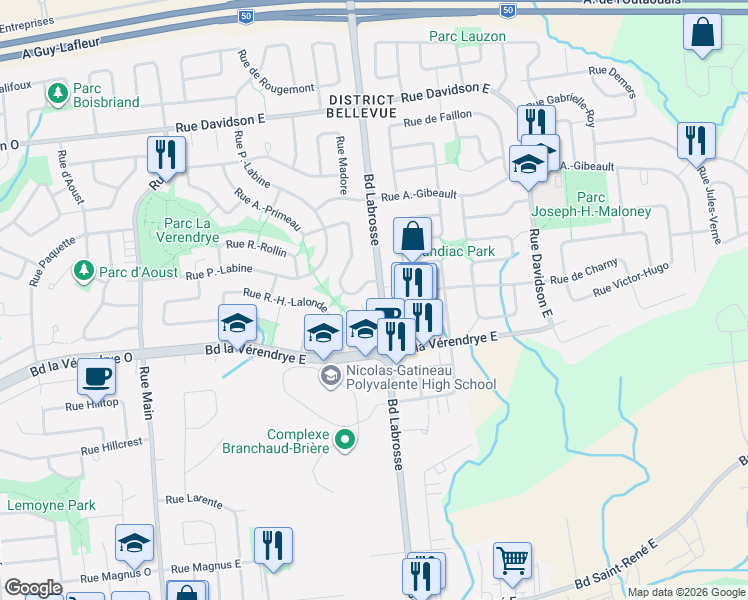 map of restaurants, bars, coffee shops, grocery stores, and more near 657 Boulevard Labrosse in Gatineau
