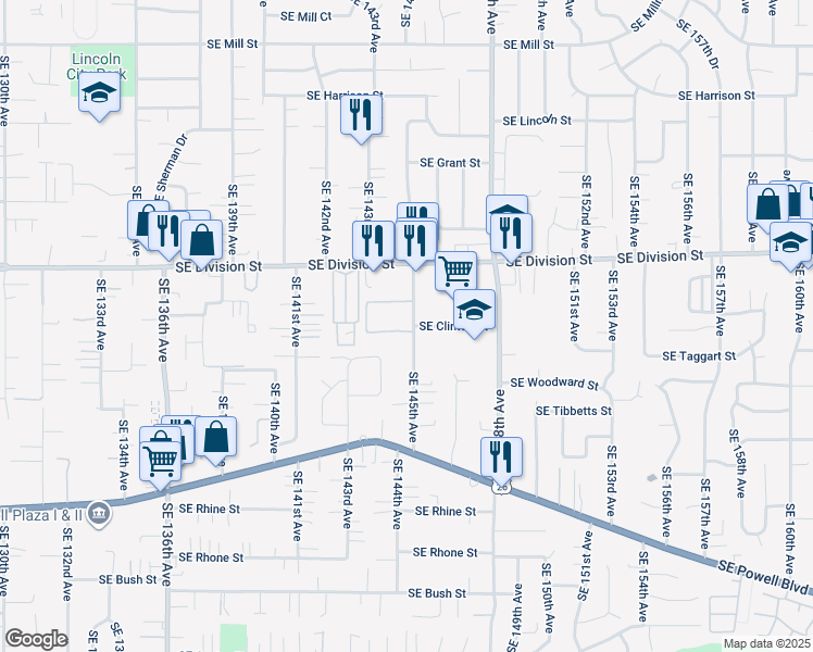 map of restaurants, bars, coffee shops, grocery stores, and more near 2715 Southeast 145th Avenue in Portland