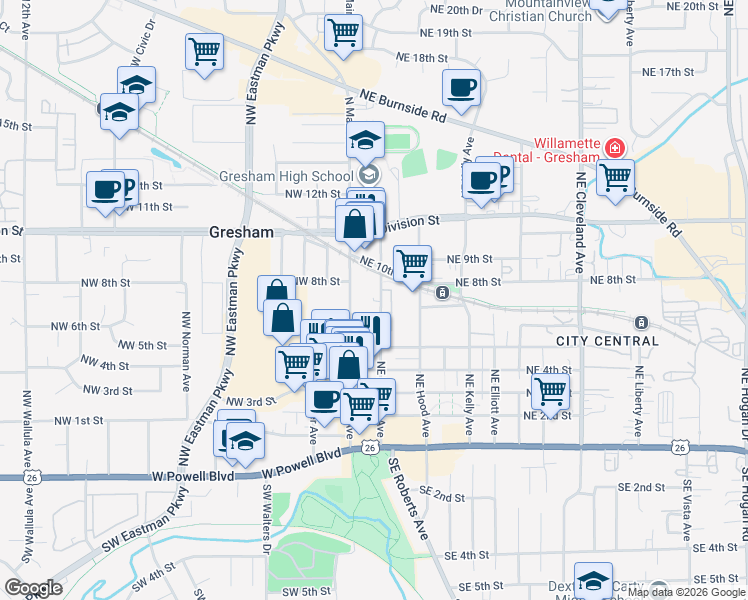 map of restaurants, bars, coffee shops, grocery stores, and more near 719 Northeast Roberts Avenue in Gresham